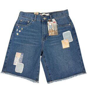 Levis Skate Shorts Girls Size 14 Blue Denim Patchwork Embroidered Loose Fit